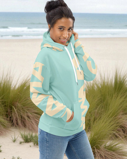 „Flauschiger, sanfter und warmer Damen-Hoodie in Mint und Sand mit ‚Namaste‘-Design – Goodsein Allover Hoodie Woman.“1
