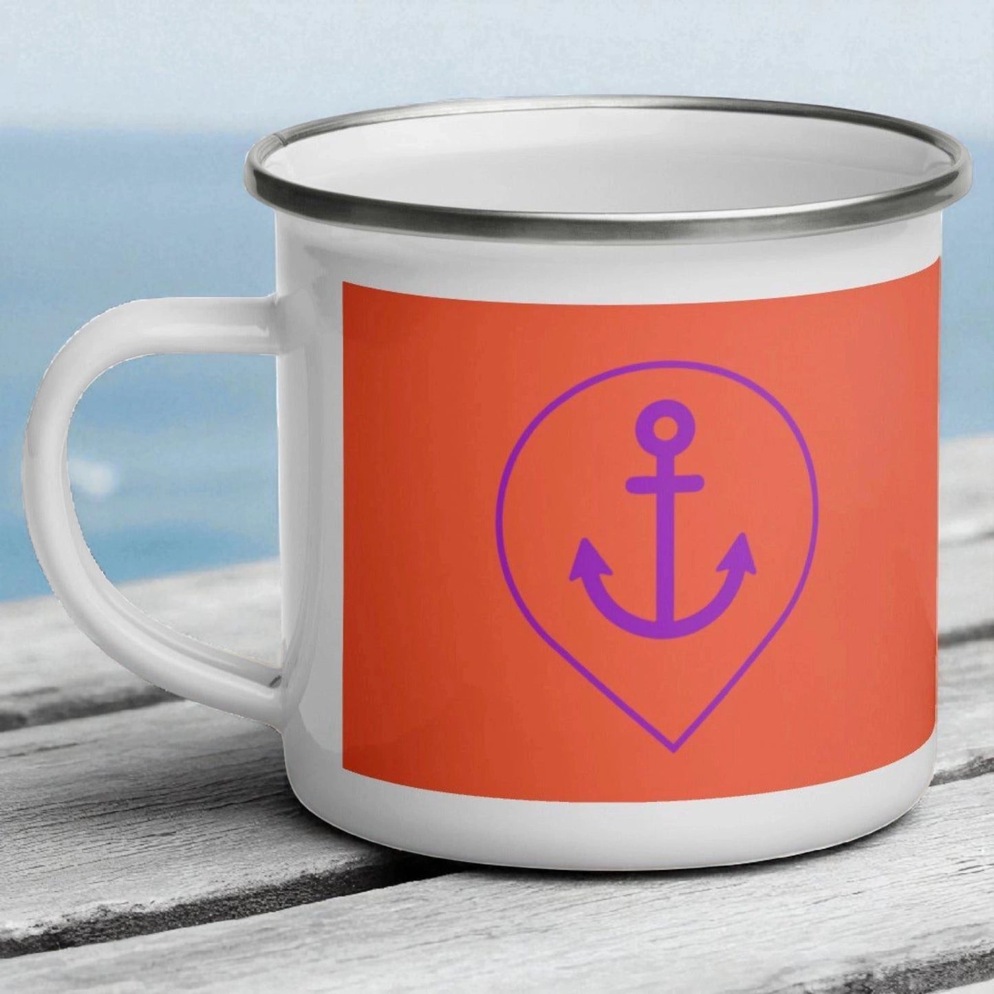 „Goldsein Emaille-Tasse ‚Stille‘ Koralle, genießen und Ruhe im Alltag.“2