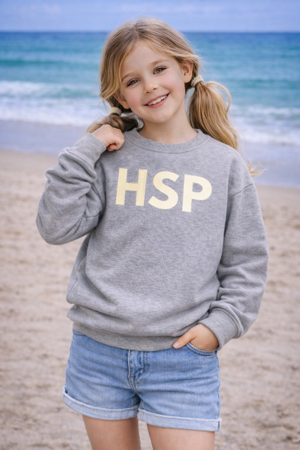 Kinder Sweatshirt grau gelb Mädchen Frontansicht