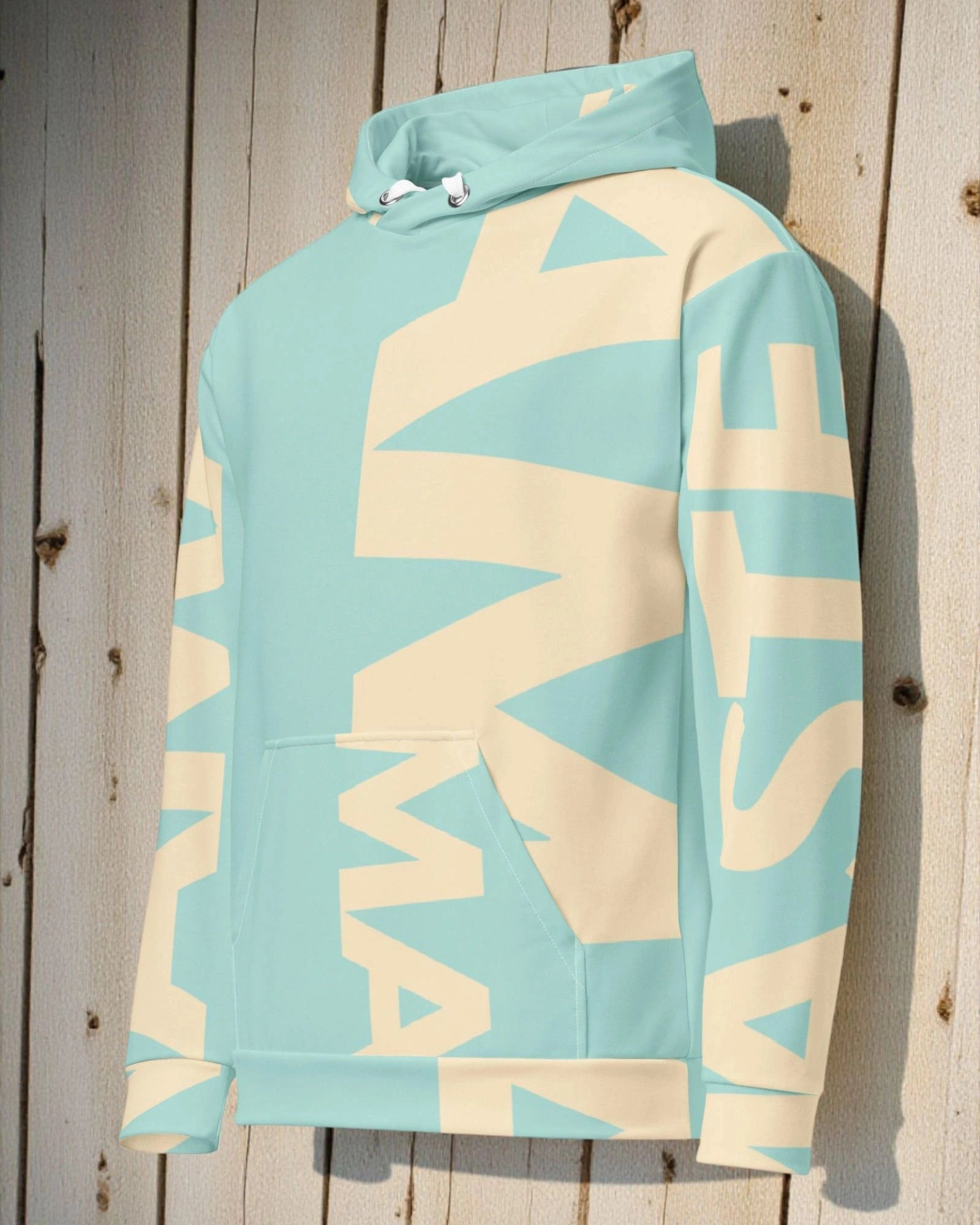 „Flauschiger, sanfter und warmer Damen-Hoodie in Mint und Sand mit ‚Namaste‘-Design – Goodsein Allover Hoodie Woman.“detail1