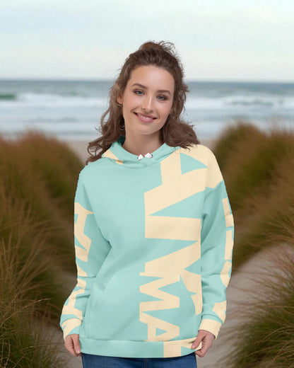 „Flauschiger, sanfter und warmer Damen-Hoodie in Mint und Sand mit ‚Namaste‘-Design – Goodsein Allover Hoodie Woman.“2