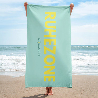 Softes, leichtes goldsein Strandtuch "Ruhezone" Mint/Gelb. Dein Tuch für Meer und Bad.