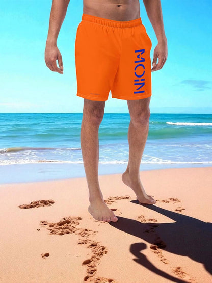 „Goldsein Beachshort Orange/Blau, Meer genießen, Sonne.“