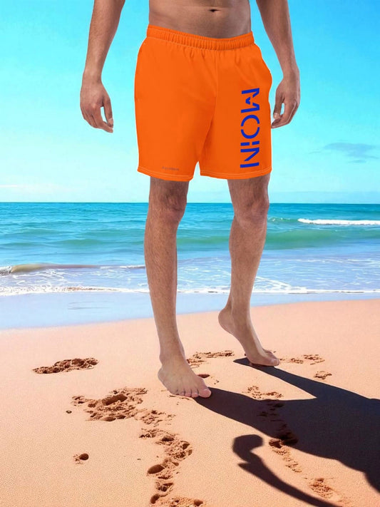 „Goldsein Beachshort Orange/Blau, Meer genießen, Sonne.“