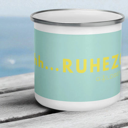 „Goldsein Emaille-Tasse ‚Ruhezone‘ Gelb, entspannter Genuss-Stil.“1