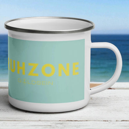 „Goldsein Emaille-Tasse ‚Ruhezone‘ Gelb, entspannter Genuss-Stil.“