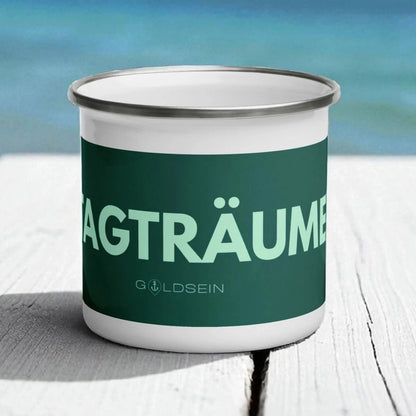 „Goldsein Emaille-Tasse ‚Tagträumer‘ Grün, Traumwelt-Stil.“