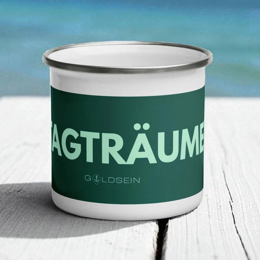„Goldsein Emaille-Tasse ‚Tagträumer‘ Grün, Traumwelt-Stil.“