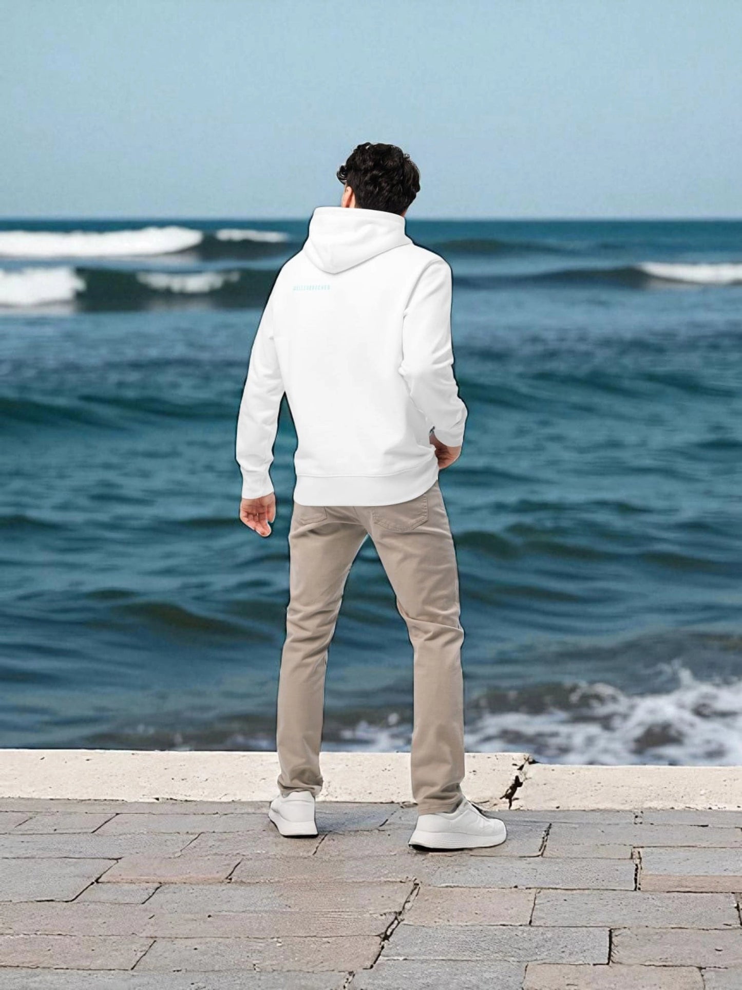„Goldsein Herren-Hoodie ‚Wellenbrecher‘ Weiß/Blau, angenehm, Wohlfühl-Tragegefühl.“ Rückansicht
