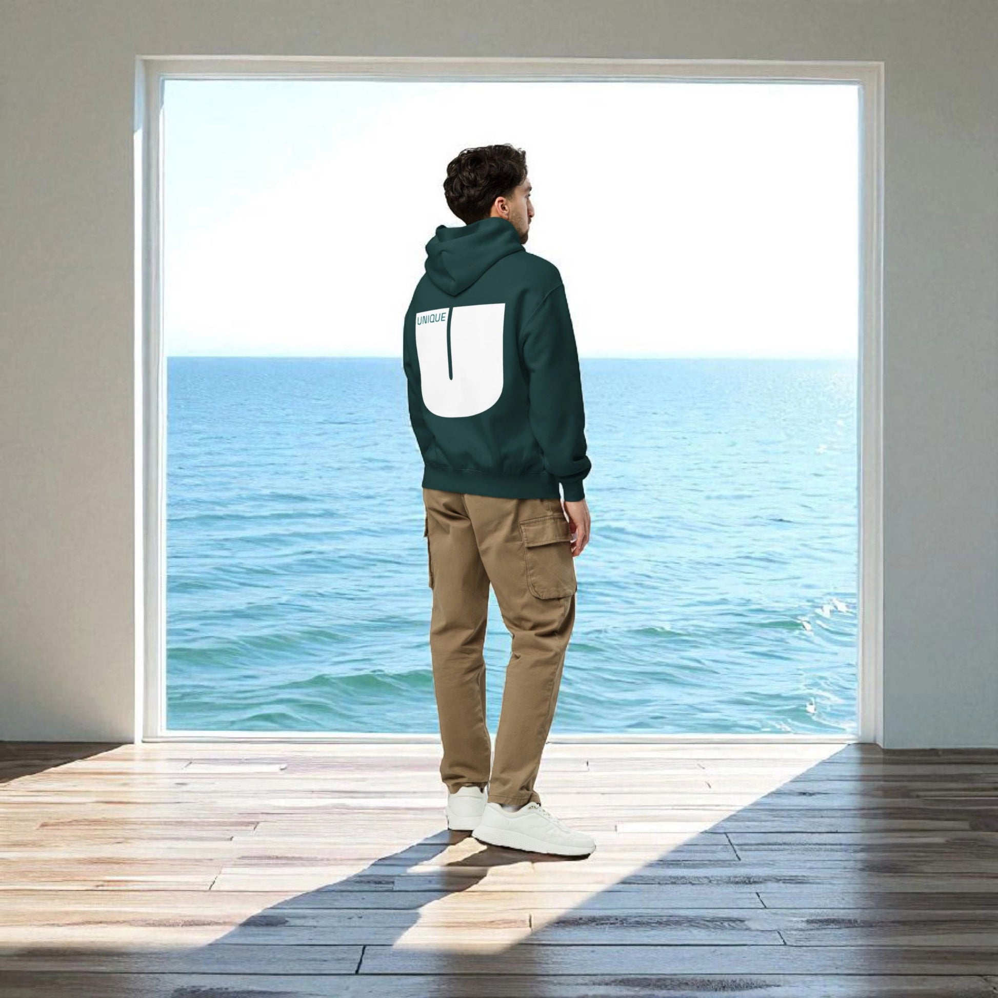 „Goldsein Oversize Herren-Hoodie ‚Unique‘ Forest/Weiß, angenehm, besonders, Wohlfühl-Tragegefühl.“hinteransicht