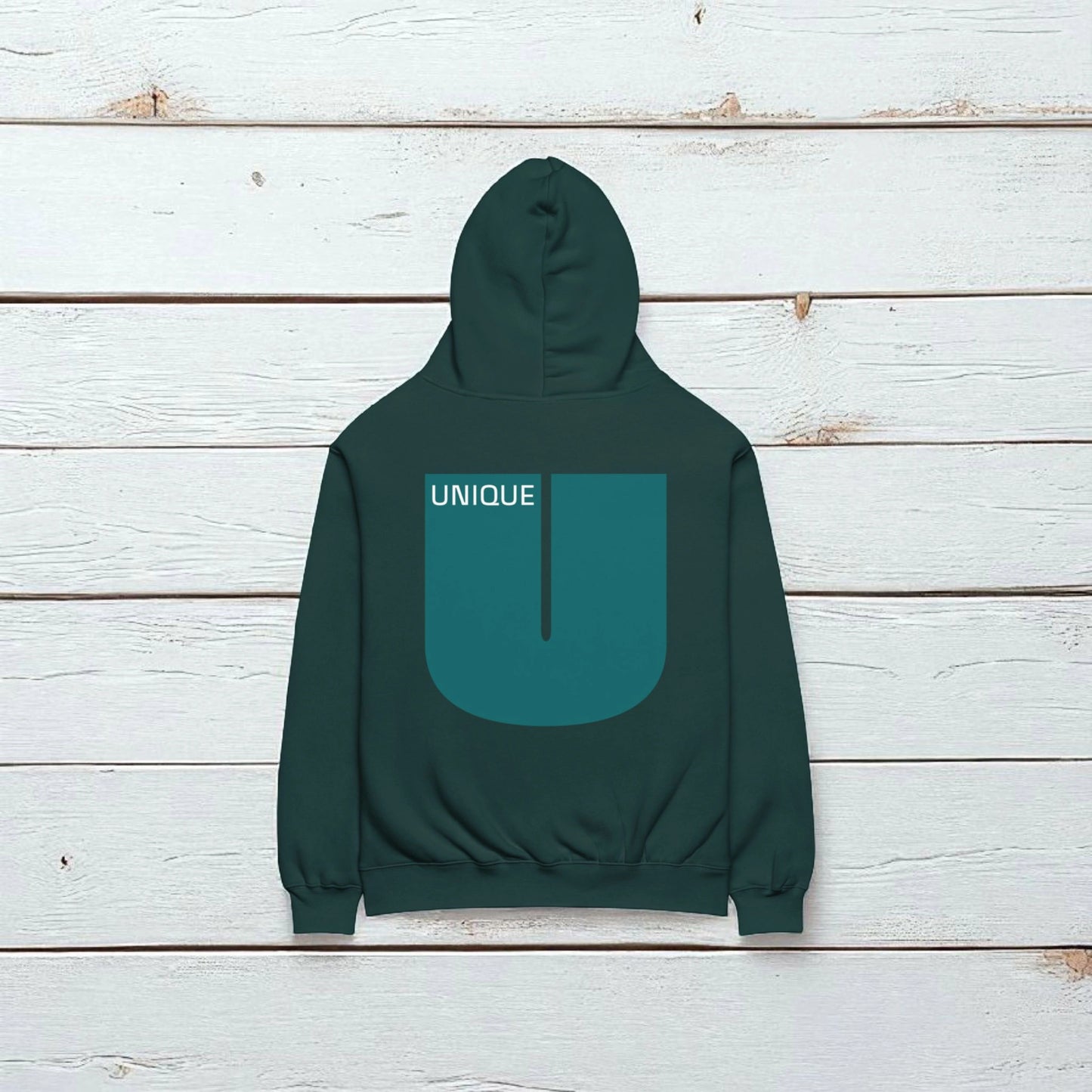 „Goldsein Oversize Herren-Hoodie ‚Unique‘ Grün/Türkis, angenehm, einzigartig, Wohlfühl-Tragegefühl.“detail