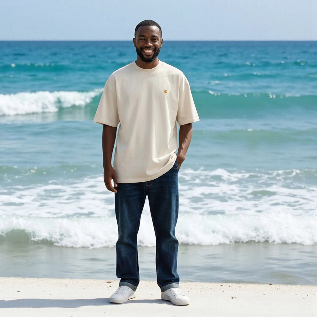 „Goldsein Oversize T-Shirt ‚Peace‘ Sandgrau, washed-out Look, bequemer Stil.“