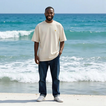 „Goldsein Oversize T-Shirt ‚Peace‘ Sandgrau, washed-out Look, bequemer Stil.“