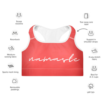 „Stylischer, gepolsterter Sport-BH in Koralle mit ‚Namaste‘-Design – entwickelt für maximale Performance beim Training – Goldsein Padded Sports Bra.“detail2