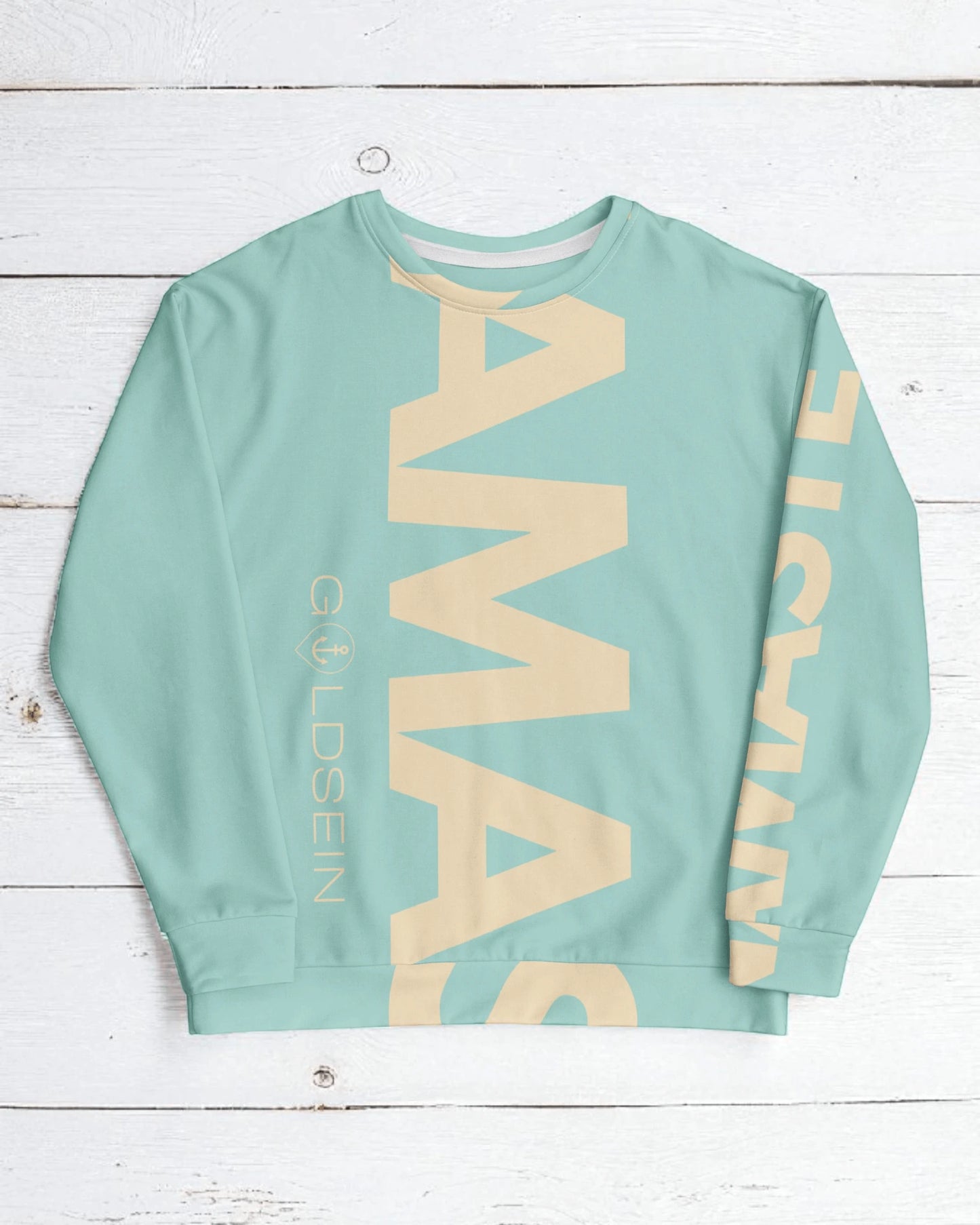 Trendiger goldsein Damenpullover ‚Allover Namaste‘ in Mint – stilvolle Vorderansicht, nachhaltige Yoga-Mode