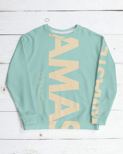 Trendiger goldsein Damenpullover ‚Allover Namaste‘ in Mint – stilvolle Vorderansicht, nachhaltige Yoga-Mode