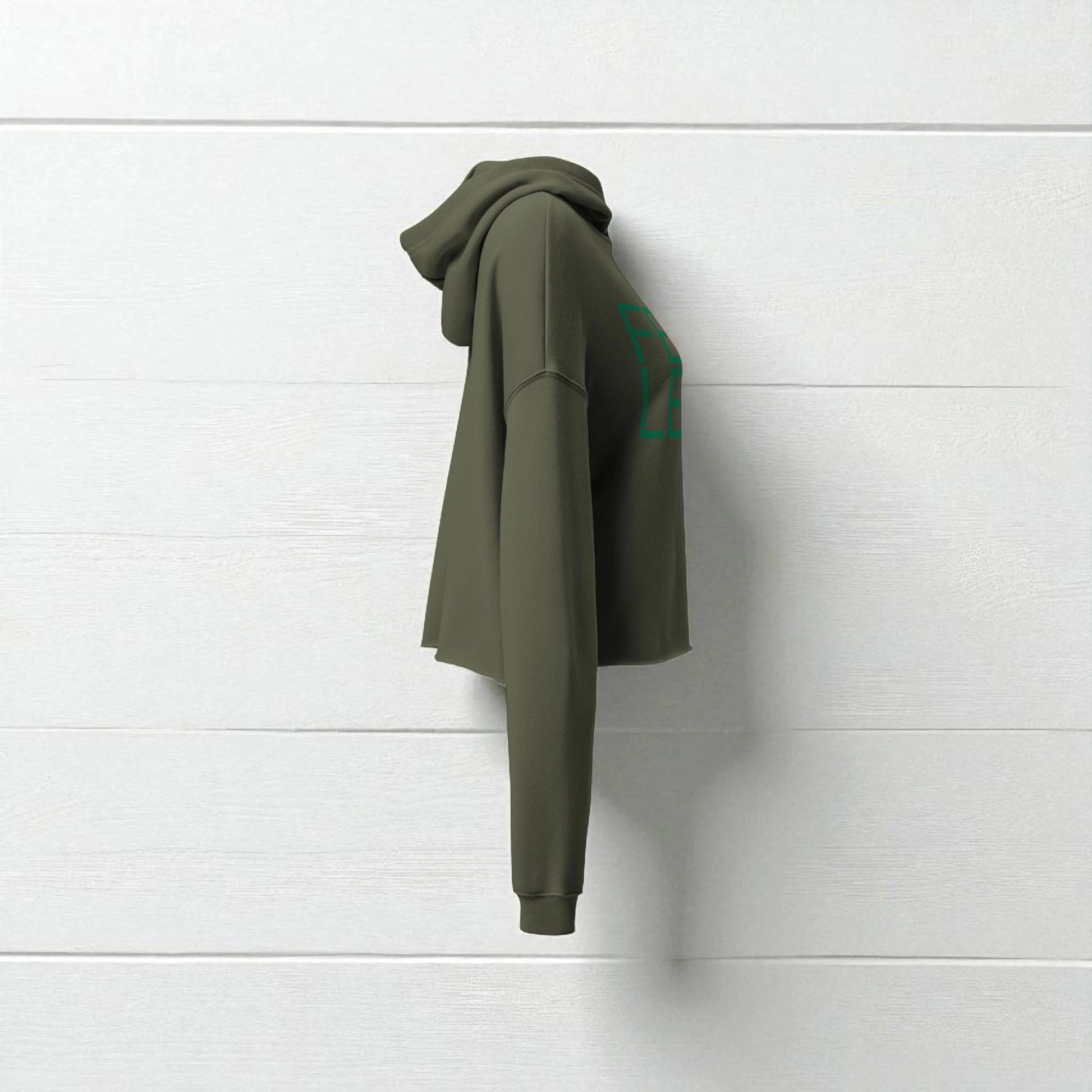 „Goldsein Damen-Crop-Hoodie ‚Fearless‘ Grün, exklusiv, unverwechselbar.“detail