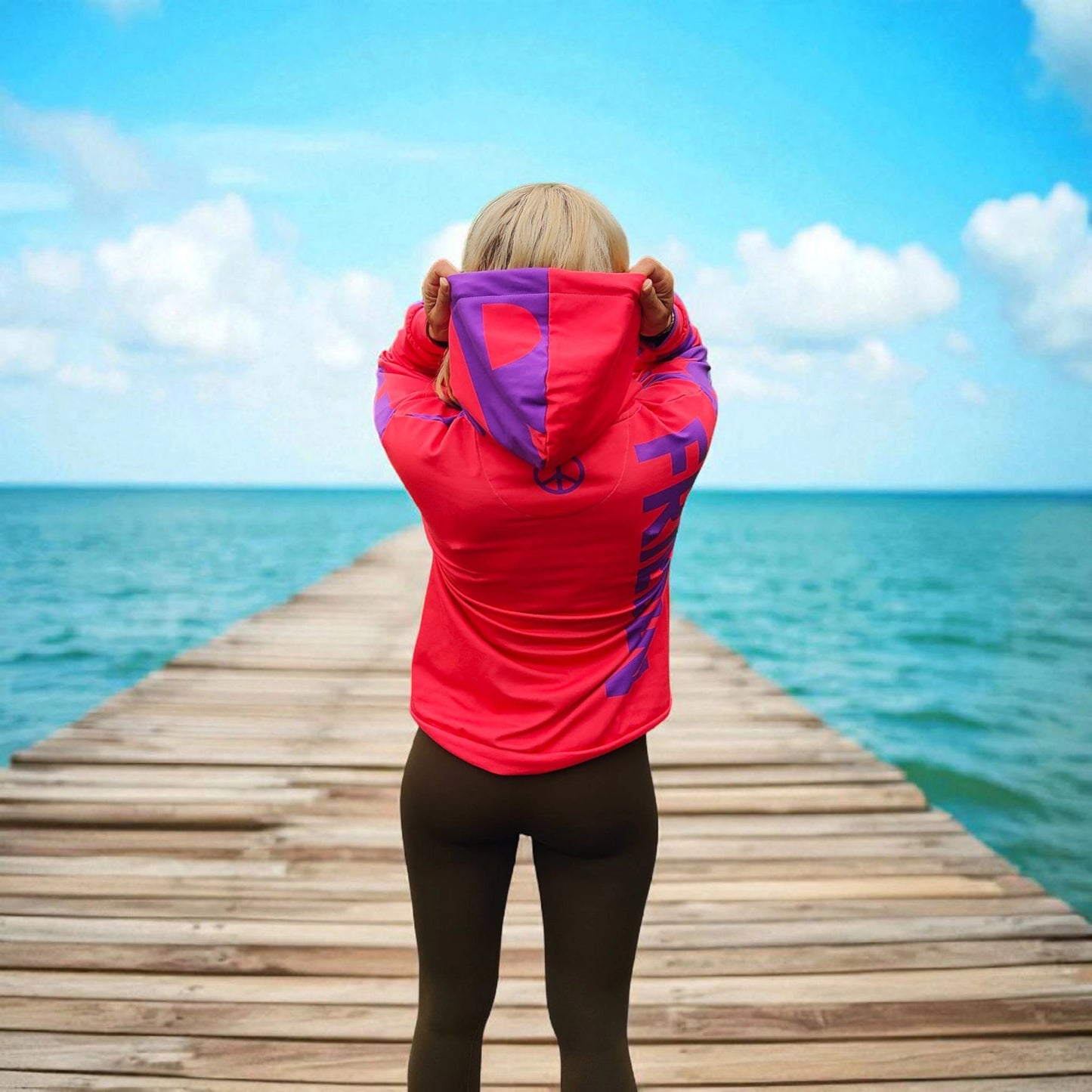 Goldsein Hoodie für Damen "Frieden" (Koralle/Lila). Weich, elastisch und sehr bequem.