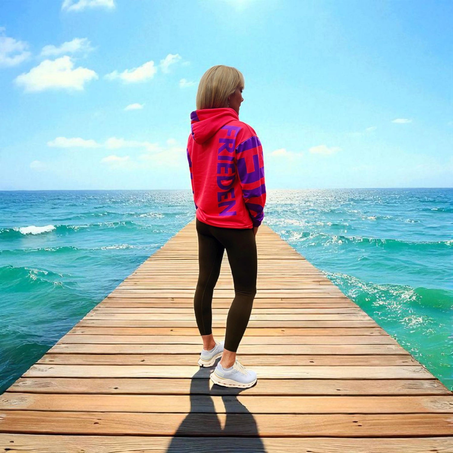 Unisex Kapuzenpullover FRIEDEN in Koralle und Lila, seitliche Ansicht mit lockerer Passform