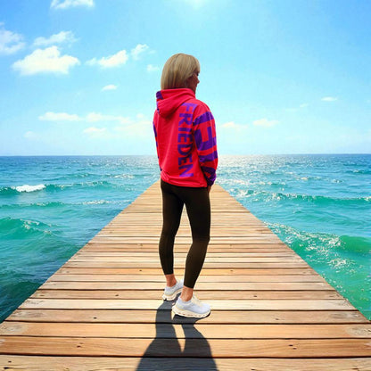 Goldsein Damen-Hoodie "Frieden" Koralle/Lila. Soft, elastisch und unschlagbar bequem.