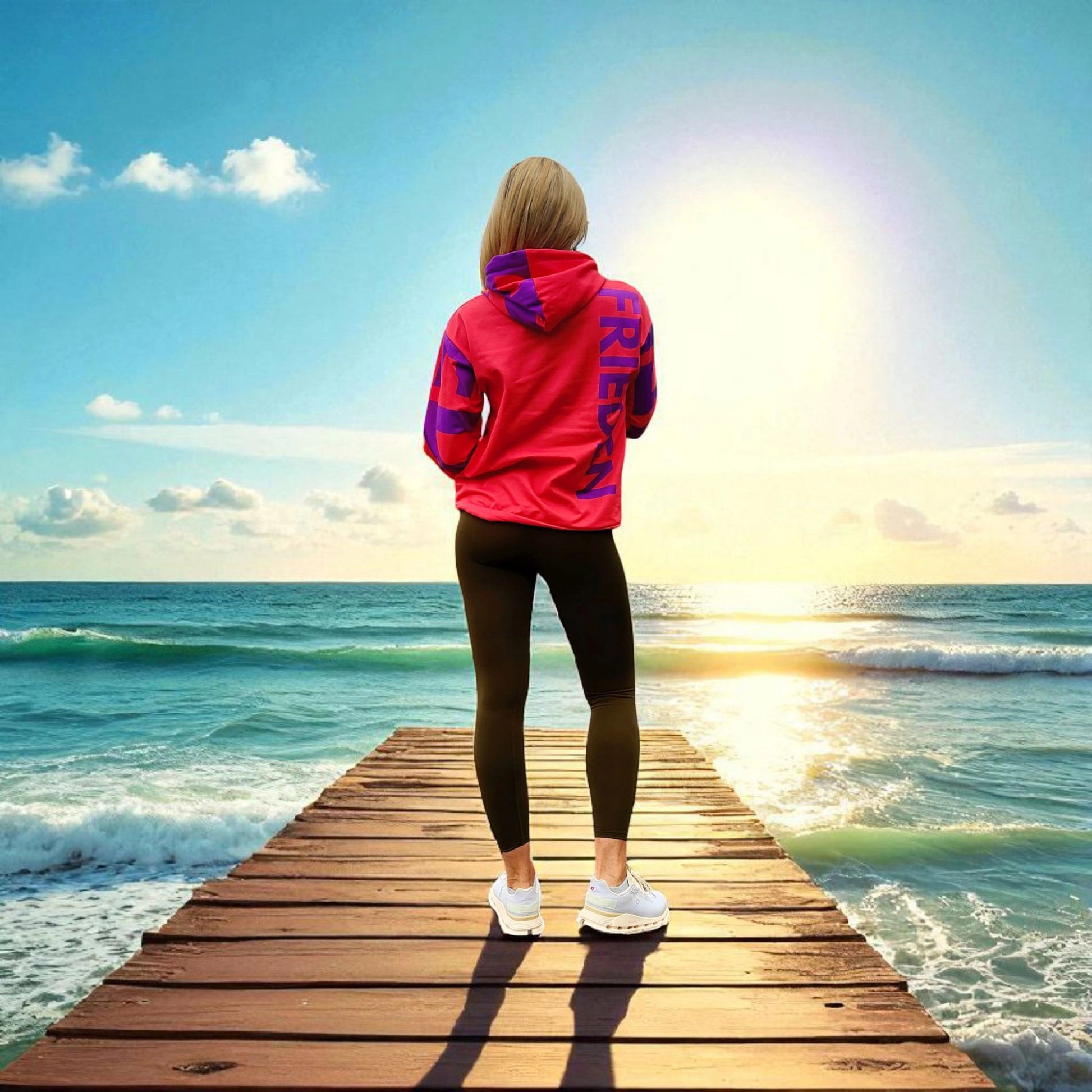 Super softes goldsein Damen-Hoodie "Frieden" in Koralle/Lila. Elastisch und bequem für deinen Alltag.