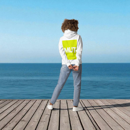 Praktischer goldsein Hoodie "Mut" in Gelb und Weiß. Hochwertig, weich und anschmiegsam.