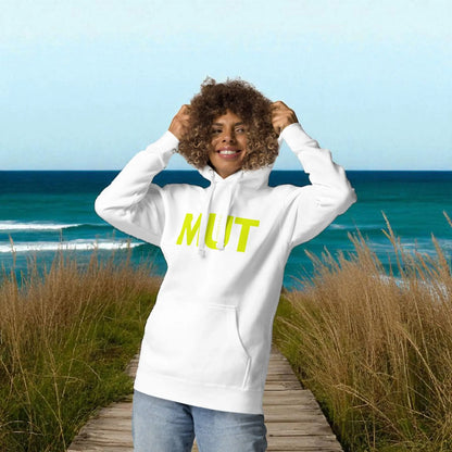 Goldsein Damen-Hoodie "Mut" Gelb/Weiß. Hochwertig, weich, praktisch und anschmiegsam.
