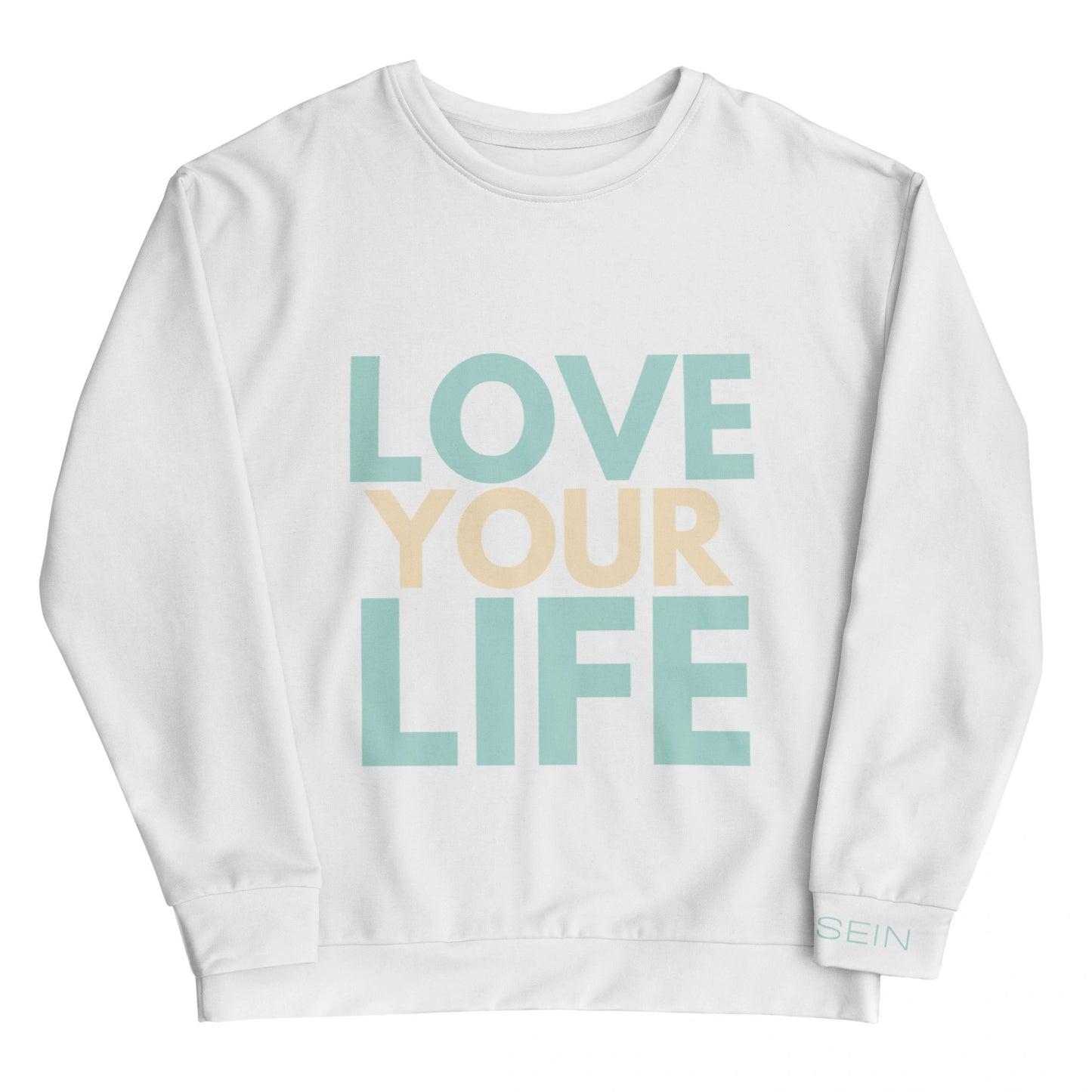 „Goldsein Woman Sweatshirt ‚Love Your Life‘ in Weiß, Türkis und Sand – schmeichelnd und lebendig.“detail