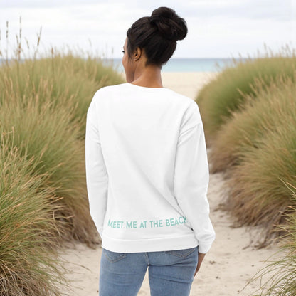 „Goldsein Woman Sweatshirt ‚Sea Waves‘ in Weiß, Türkis und Mint – inspiriert von Seeliebe und Wasser.“