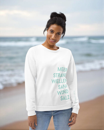 „Goldsein Woman Sweatshirt ‚Sea Waves‘ in Weiß, Türkis und Mint – inspiriert von Seeliebe und Wasser.“ Wellen
