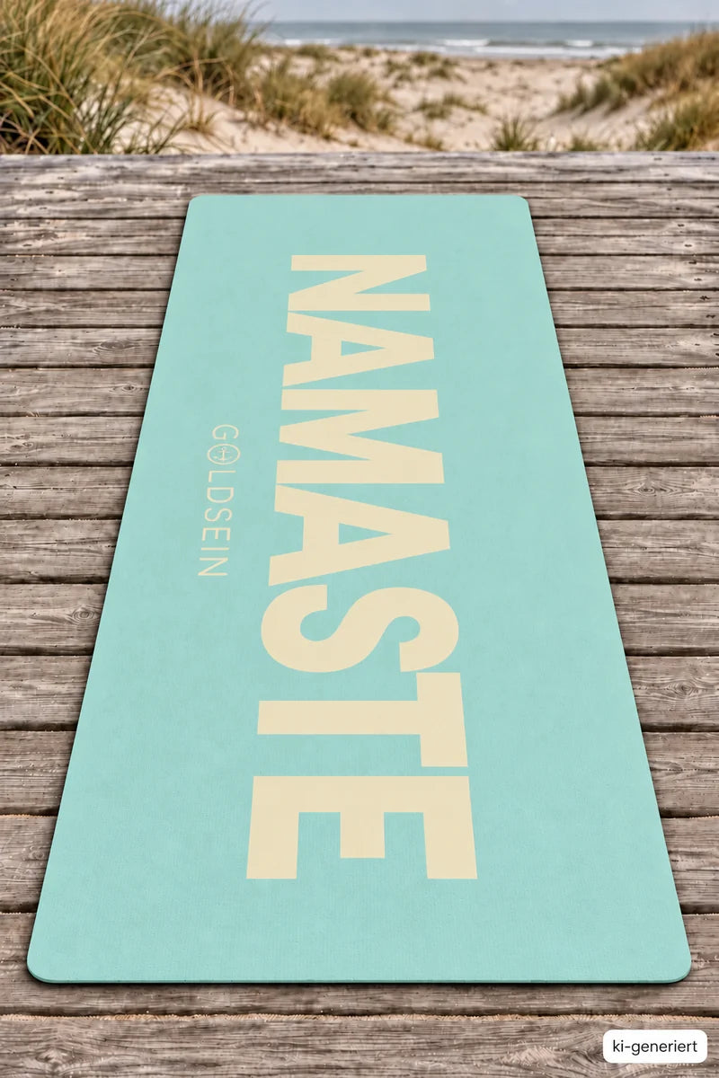 Draufsicht: mintfarbene Yogamatte mit großem hellgelbem Schriftzug NAMASTE auf einem Holzsteg