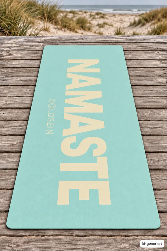 Draufsicht: mintfarbene Yogamatte mit großem hellgelbem Schriftzug NAMASTE auf einem Holzsteg