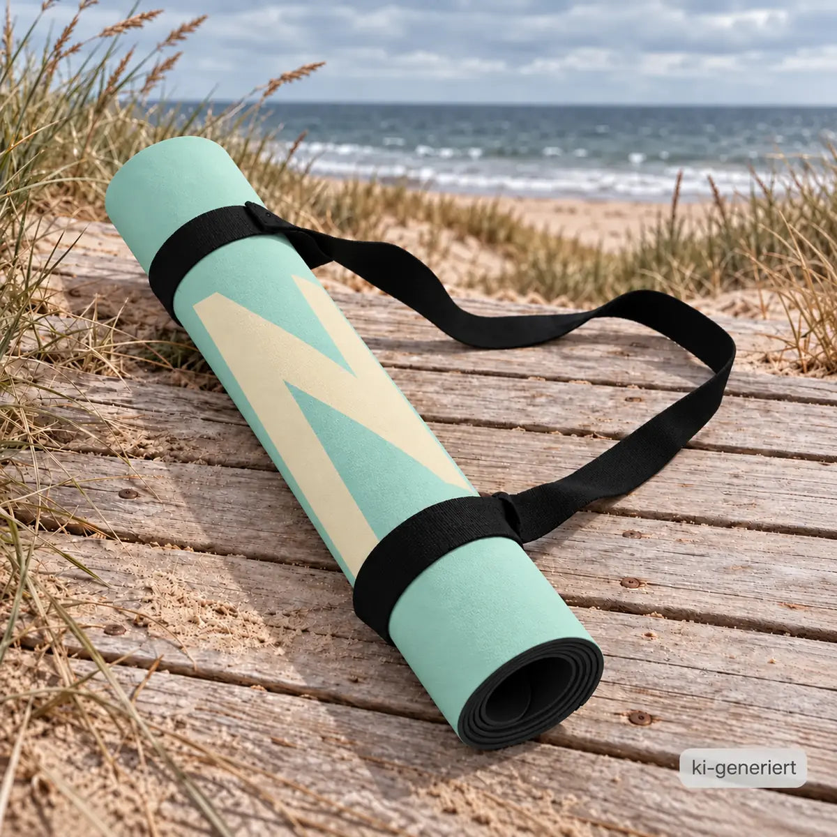 Aufgerollte mintfarbene Yogamatte mit schwarzem Tragegurt im Sand