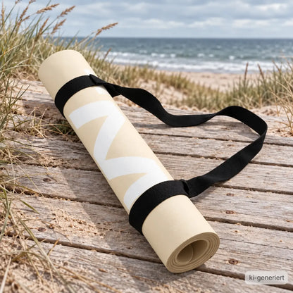 Aufgerollte sandfarbene Yogamatte mit schwarzem Tragegurt auf einem Holzsteg