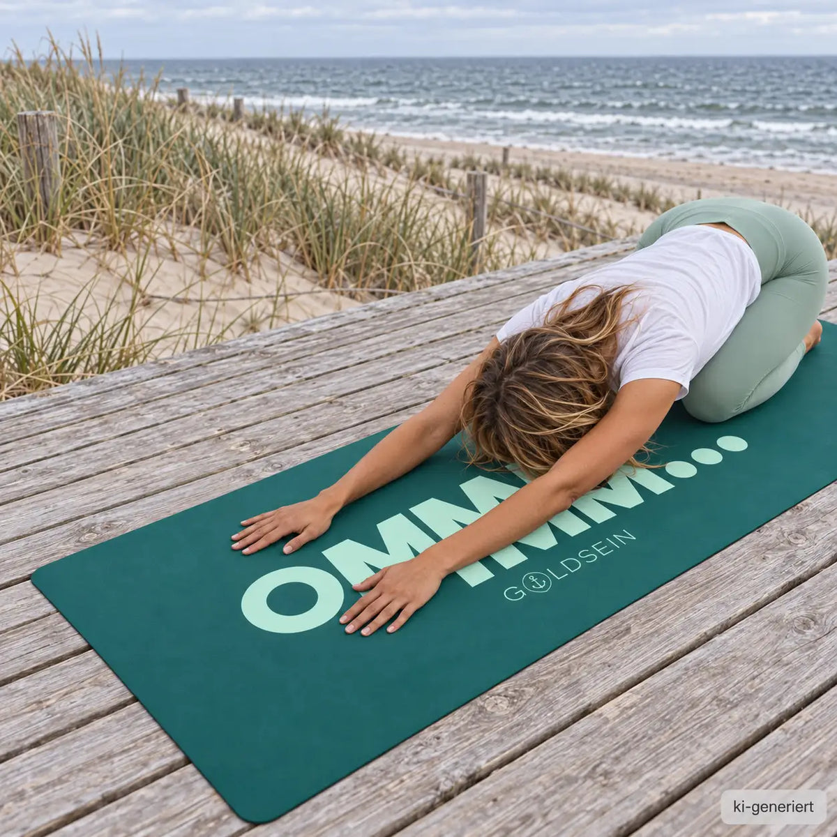 Frau in der Kindhaltung auf der waldgrünen Yogamatte mit Aufdruck „OMMMM…“