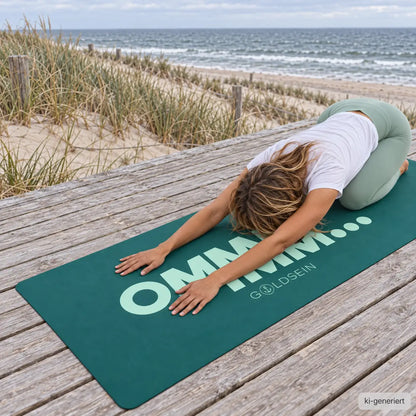 Frau in der Kindhaltung auf der waldgrünen Yogamatte mit Aufdruck „OMMMM…“