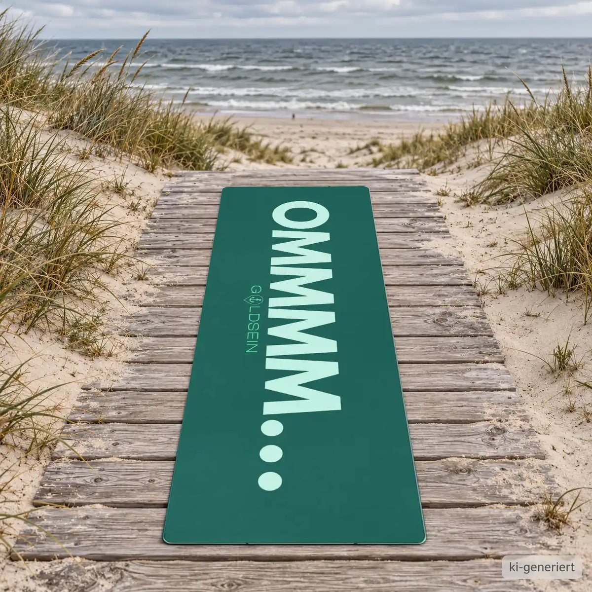 Yogamatte OMMMM ausgerollt auf einem Holzsteg zum Strand, Draufsicht mit Schriftzug „OMMMM…“