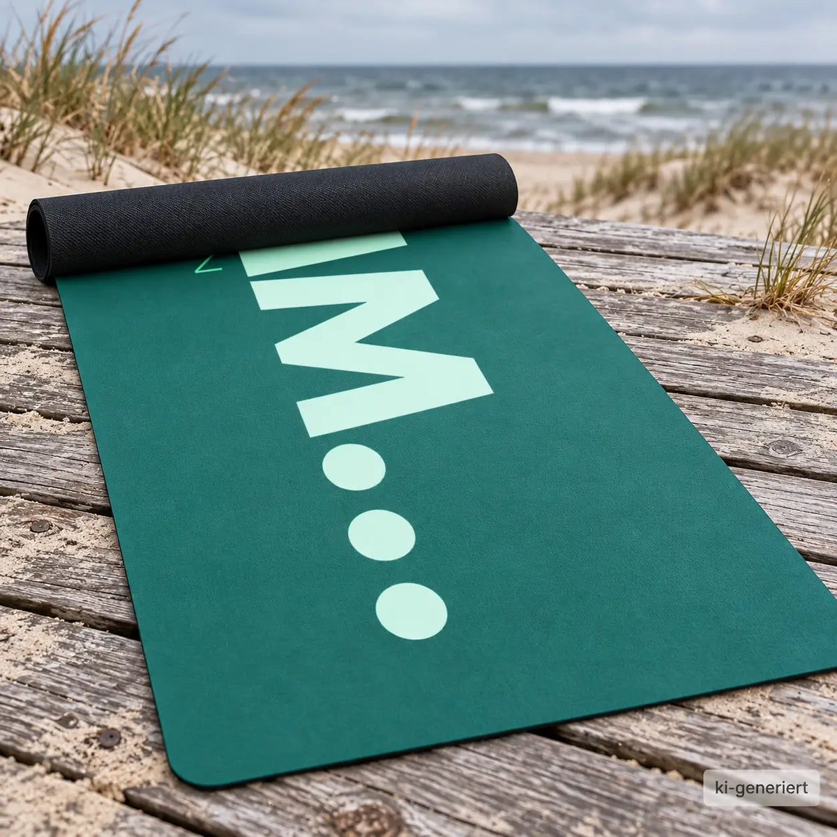 Halb ausgerollte Yogamatte in Waldgrün, mintfarbener Schriftzug „OMMMM…“ teilweise sichtbar