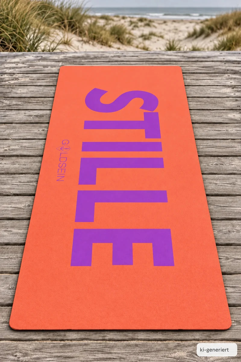 Draufsicht: korallenrote GOLDSEIN Yogamatte mit lila Schriftzug STILLE auf einem Holzsteg am Strand