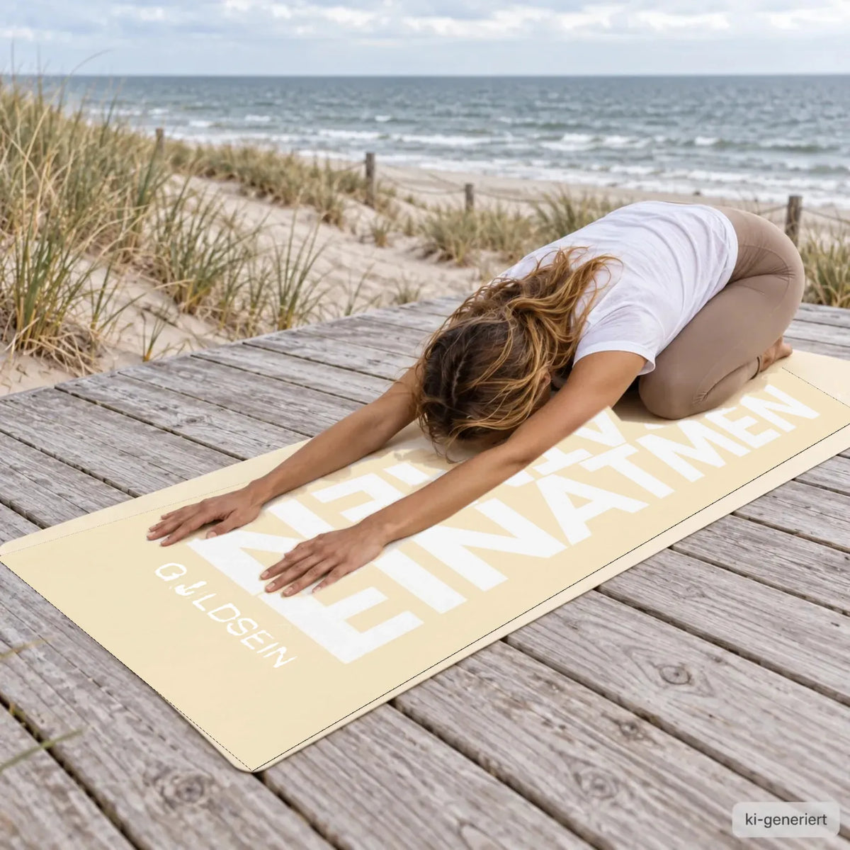Frau in der Kindhaltung auf der sandfarbenen Yogamatte mit Aufdruck EINATMEN AUSATMEN