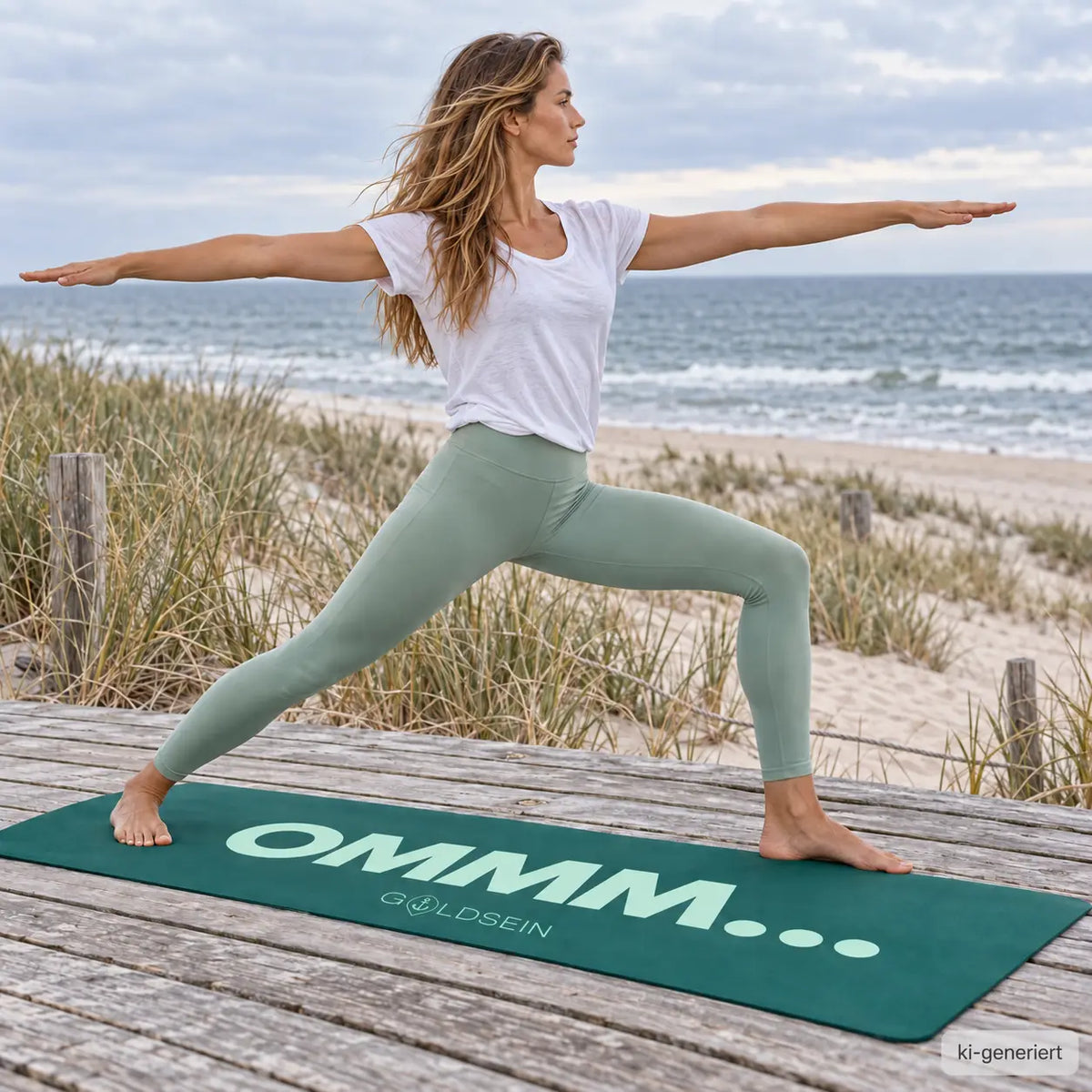 Frau in der Kriegerhaltung auf der GOLDSEIN Yogamatte OMMMM in Waldgrün auf einem Holzsteg am Meer